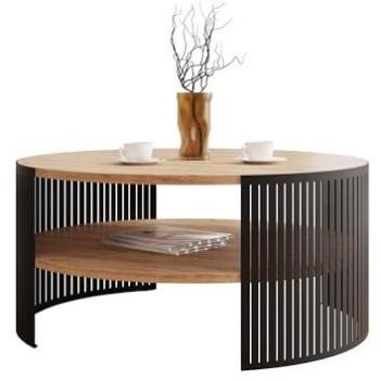 Mesa de centro Oswego 120, Redonda de Aglomerado Laminado, Negro con Roble Dorado Artesanal, Diámetro 75cm, Altura 40cm