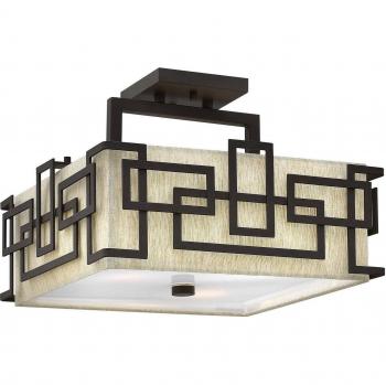 Lámpara de techo Lanza, semi empotrada de 3 luces, bronce frotado con aceite, pantalla de avena, E27