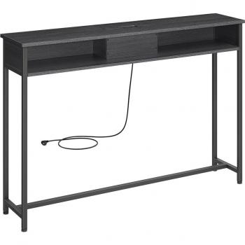 Mesa de consola delgada con multienchufe integrado, sofá con 2 compartimentos y carga oculta, ahorro de espacio, disponible en gris ahumado, blanco nube y marrón rústico, dimensiones 25x120x81