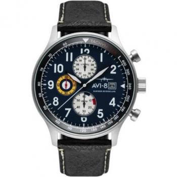 AVI-8 Hawker Hurricane Classic Chronograph Men's Watch 43mm Quartz with Midnight Black Leather Strap and Blue Dial