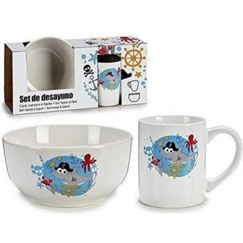 Conjunto de Desayuno Infantil con Diseño de Tiburón en Cerámica, 2 Piezas (26x14 cm)