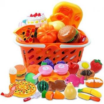 DigHealth 34 Piezas Alimentos de Juguete, Corte de Frutas y Alimentos Falsos, Cortar Frutas Verduras, Temprano Desarrollo Educación Juegos para Niños
