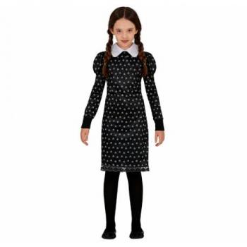 Disfraz de Miércoles Infantil Fiestas Guirca - Incluye vestido negro con detalles en blanco, cinturón siniestro, talla infantil, ideal para Halloween y fiestas temáticas