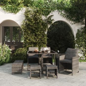Set de almuerzo de jardín de 9 piezas con cojines de polyrattan gris