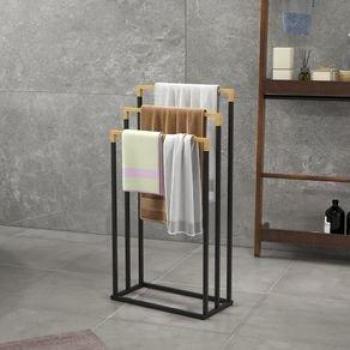 Toallero de Pie Kleankin de 3 Niveles con 3 Barras de Bambú y Marco de Acero para Baño Lavadero, dimensiones 45x22,5x86 cm, color Negro y Natural