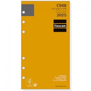 Recambio Anual para Agenda Finocam CLASSIC C998 609 2025, 1 Día Página, Enero 2025 - Diciembre 2025, tamaño 9,4 x 17,1 cm