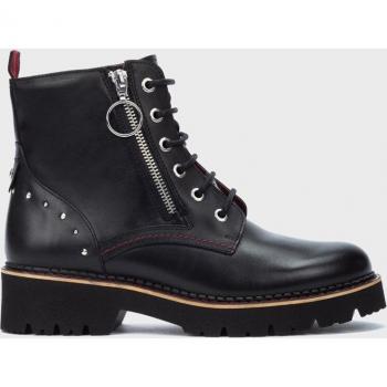 Pikolinos - Botines de mujer de piel estilo biker con cordones y adorno cremallera en color negro