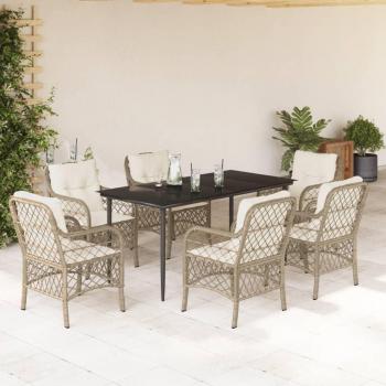 7 Piece Beige Poly Rattan Garden Dining Set with Cushions