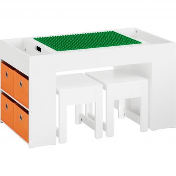 SoBuy Juego de mesa para niños y 2 taburetes para bloques de construcción con mesa de doble cara y 8 cajas de almacenamiento, KMB75-W Blanco