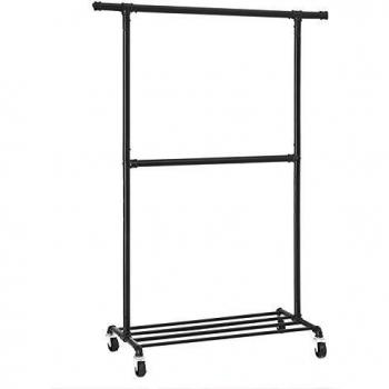 SONGMICS Perchero Industrial con Ruedas, Capacidad de Carga de 110 kg, Soporte de Ropa Metálico, Doble Barra Colgante con 1 Estante para Zapatos, Expositor Comercial para Uso Pesado, Negro HSR62BK