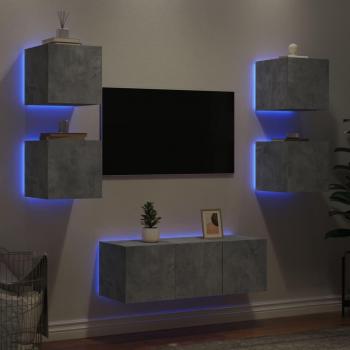 Muebles de pared para TV con LED, 6 piezas, madera de ingeniería gris hormigón
