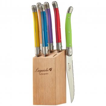 FlyingColors Laguiole Steak Knife Set, Micro Serrated Blade, Stainless Steel, Wood Block, MultiColor Handle, 6 Pieces.