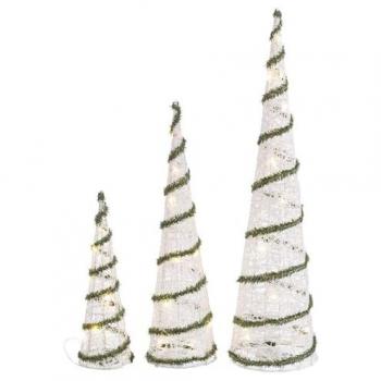 Adorno Navideño Cónico Blanco Verde de Metal y Plástico con Luz LED - Set de 3 Unidades, Dimensiones: 20 x 20 x 80 cm