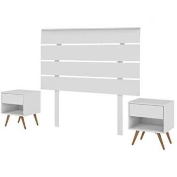 Conjunto Cabecero de Cama y 2 Mesitas en Madera Blanco Modelo Tomaro - Acabado en Madera con Tiras Horizontales y Patas de Madera