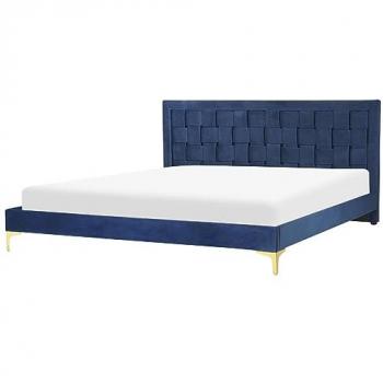 Cama con somier de terciopelo azul marino 180 x 200 cm, cabecero alto y patas doradas