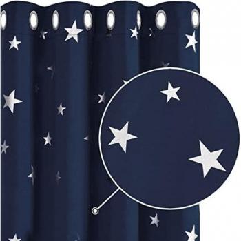 Deconovo Cortinas Opacas de Salon con Aislamiento Térmico para Sala de Estar Oficina Hotel Ventanas Infantiles Estrella Plateada 117 x 229 cm Azul Marino