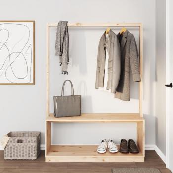 Perchero con Zapatero de Madera Maciza de Pino Color Natural y Blanco, Dimensiones 113x40x157,5 cm