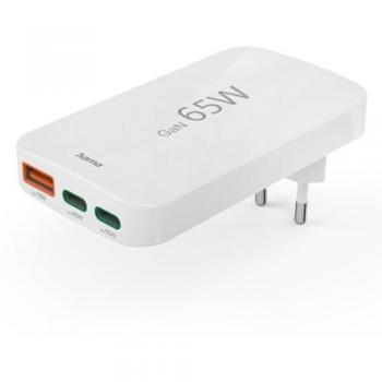 Cargador Rápido Hama 65W, 2x USB-C, 1x USB-A, PD/QC, Mini Cargador Plano, Blanco