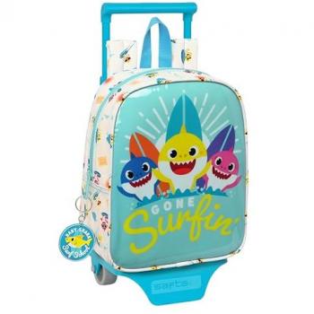 Mochila Escolar con Ruedas Baby Shark Surfing Azul Blanco 22 x 27 x 10 cm, Safta Mochila Baby Shark Surfing, BABY SHARK SURFING - Mochila Escolar 232 con Carro