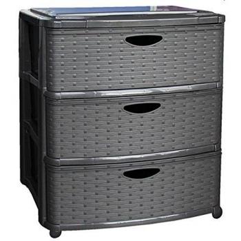 mondex PLS6226-15 – Torre de almacenaje Efecto Mimbre de 3 cajones y Ruedas de plástico, 56 x 39 x 66 cm, plástico, Color Madera Oscura, 66 cm