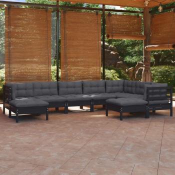 Conjunto de sofás de jardín 9 PCs con cojines de pino negro sólido
