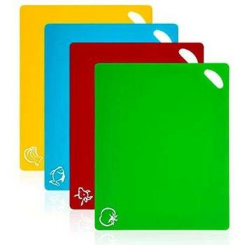 Vicloon Tablas de Cortar de Plástico, Juego de 4 Tablas de Cocina de Flexible con Color Diferente, Iconos de Alimentos y Manijas, Alimento Tablas de Cortar Antideslizante para Lavavajillas