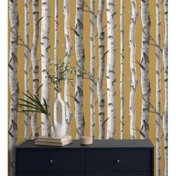 Papel pintado estilo nórdico troncos de árboles color mostaza - Rollo de 10 m x 0,53 m