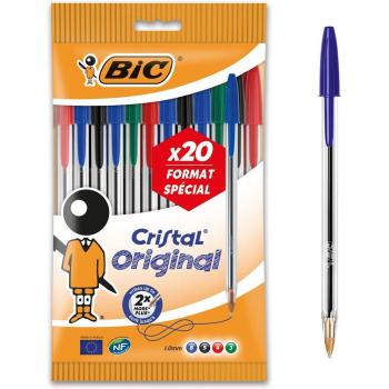 BIC Cristal Original Bolígrafos de Bola Pack de 20 (15+5 Gratis) - Punta Redonda 1.0mm, Trazo 0.4mm, Tinta a Base de Aceite,