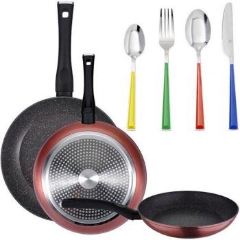 San Ignacio Pack de 3 sartenes 20, 24 y 28 cm. + set de 24 piezas cubertería