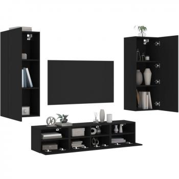 Muebles de TV de pared 5 piezas en madera de ingeniería negra con múltiples capas
