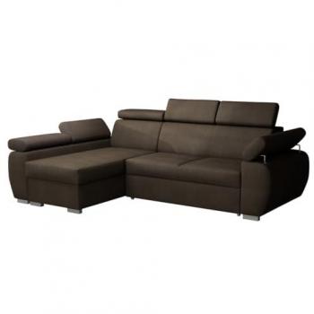 Sofá rinconero Columbus 132, marrón, con función de descanso y caja de ropa de cama, dimensiones 255x170x85cm
