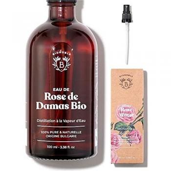 AGUA DE ROSAS ORGÁNICA | Tónico de Agua de Rosas de Damasco 100% Puro y Natural | Cara, Contorno de Ojos, Cuerpo, Cabello | Botella de Vidrio + Spray
