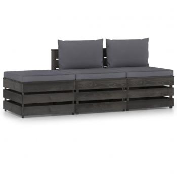 Juego de Muebles de Jardín 3 Piezas con Cojines Grises de Madera Impregnada