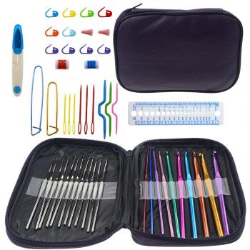 BlueBeach® 49 Piezas Juego de Ganchos de Ganchillo con 22 Tamaños Agujas de Tejer y 27 Accesorios Herramientas - Costura Kit de Punto con Funda de Cuero