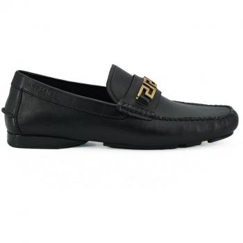 Versace Black Calf Leather Loafers Shoes - EU39/US6, Male, Size: 6 US, Black with Gold Hardware