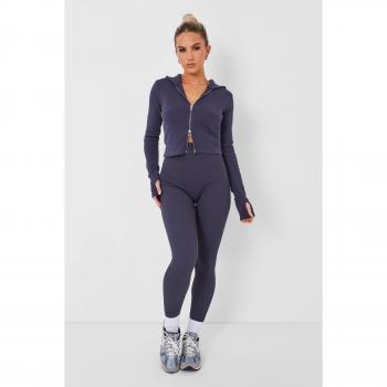 Kaiia Rib Zip Through Hoodie in Dark Grey