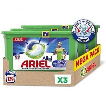 Ariel Allin1 Pods Active - Detergente en cápsulas para la lavadora, adecuado para eliminar los malos olores, 129 lavados