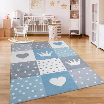 Alfombra Habitacion Infantil Antideslizante Suave Arcoíris Corazón Lunares 80x150 cm, Azul - Paco Home