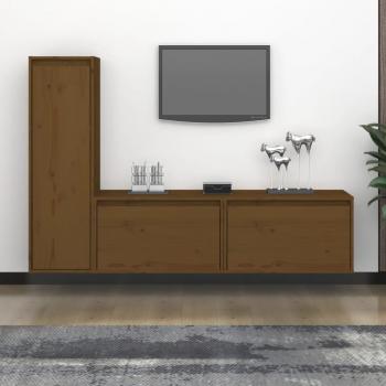 Mueble para TV de 3 piezas en madera maciza de pino, color marrón miel, ideal para salón y televisor