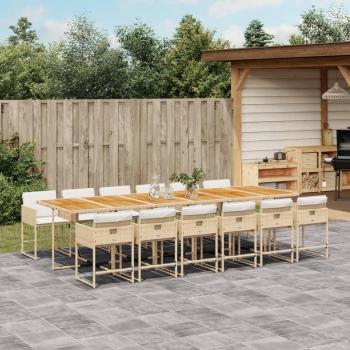 Set Comedor de Jardín 13 Pzas con Cojines de Ratán Sintético Beige