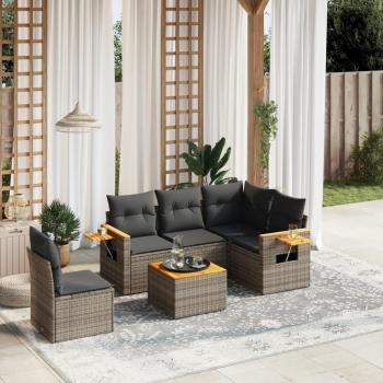 6-Piece Grey Poly Rattan Garden Sofa Set with Cushions