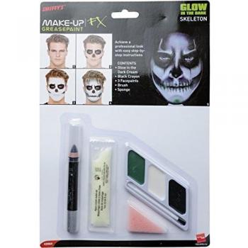 Smiffys Kit de Esqueleto Brillo en la Oscuridad, sobrecito de Crema de Brillo en la Oscuridad, lápiz Negra, Verde, Blanco y Negra Pintura Facial con Esponja y Pincel aplicador