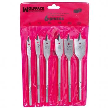 WOLFPACK LINEA PROFESIONAL 9060083 Juego Brocas Planas Madera 3 Puntas Wolfpack 6 Piezas, Multicolor