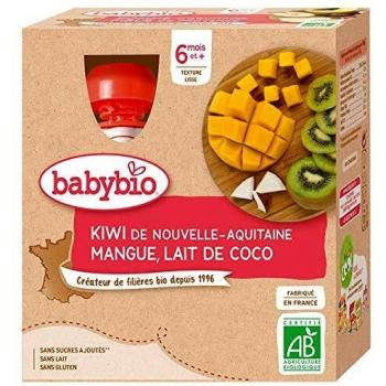 Puré Orgánico de Kiwi, Mango y Leche de Coco Babybio - Pack 4 Gourdes +6 meses 4x90g