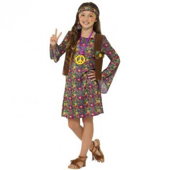 Disfraz de Hippie con Flores para niña, Conjunto de Vestido, Chaleco, Diadema y Medallón