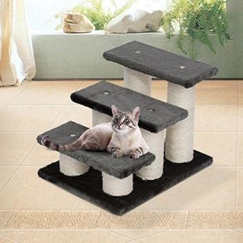 PawHut Escalera de 3 Peldaños para Mascotas con Cubierta Suave Poste Rascador Escaleras Auxiliar de Animales Pequeños 45x35x34 cm Gris