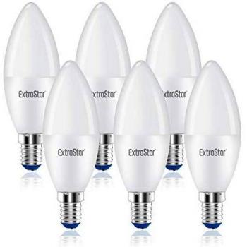 EXTRASTAR 6W Bombillas LED Vela E14, Luz Fría 6500K, 480 lúmenes, Equivalente a 40W Bombilla Incandescente Halógena, No regulable, Pack de 6