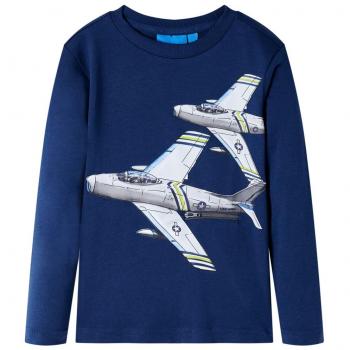 Camiseta Infantil de Manga Larga Estampado Aviones en Jersey con Cuello Redondo, Color Azul Marino, Talla 128