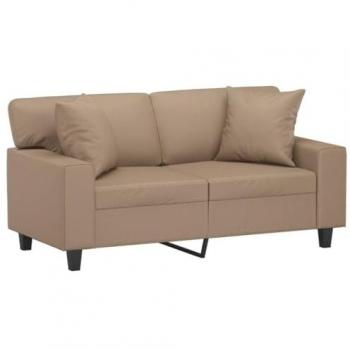 Sofá de 2 plazas con cojines, cuero sintético capuchino, 120 cm, color marrón