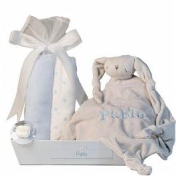 Canastilla personalizada Bebé de París con muselina, doudou y chupete azul